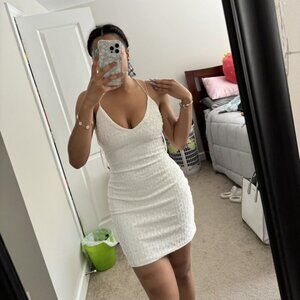 White Formal Lace-Up Back Bodycon Dress, Size M